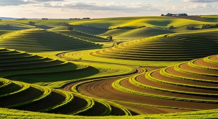 Rolling Agricultural Fields Under a Dramatic Sky with Soft Sunlight