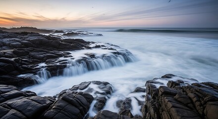 Dramatic rocky coastline with crashing waves at sunset, capturing the raw power and beauty of the ocean landscape