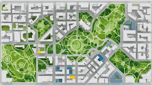 urban planning map illustrating a modern city layout with buildings roads and green parks for architectural concepts.