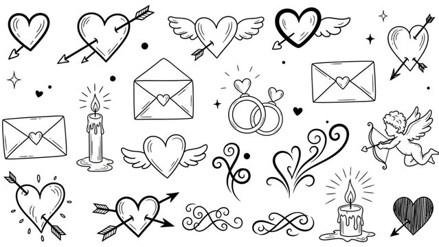 Collection of Hand Drawn Valentines Day Symbols and Icons.