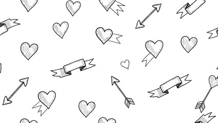 Hand drawn hearts arrows and banners seamless pattern.