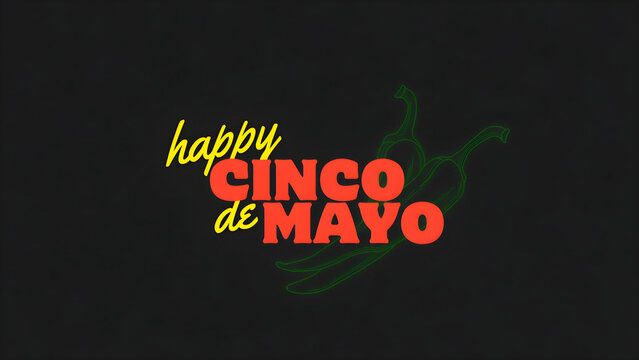 Happy Cinco de Mayo typography with green jalapeno pepper outlines on a black background, festive holiday greeting card for Mexican celebration and fiesta party invitation