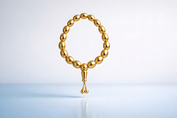 Floating Gold Prayer Bead Geometry Form Over Baby Blue Gradient Eid Background