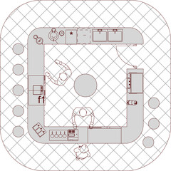 Technical architectural vector of a commercial kitchen or bar layout, featuring a top-view floor plan with staff silhouettes. © Riki