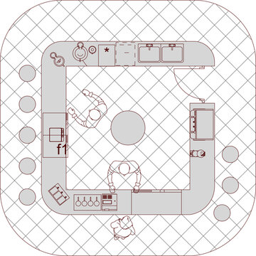 Technical architectural vector of a commercial kitchen or bar layout, featuring a top-view floor plan with staff silhouettes.