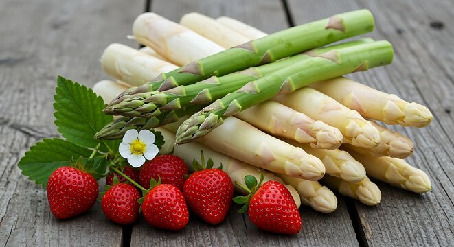 Fresh asparagus spears and ripe strawberries on a wooden table with a white flower fresh produce