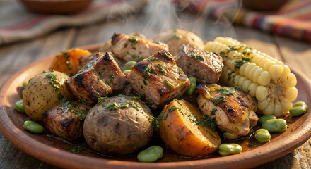 Close-up view of a traditional Peruvian dish called Pachamanca served in a rustic clay bowl.