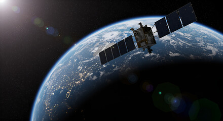 Realistic 3D rendering of a telecommunications satellite orbiting planet Earth in dark space with city lights visible on the surface and bright sun lens flare