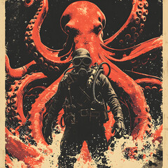 Vintage Style Illustration of a Deep Sea Diver Confronting a Giant Red Octopus in a Retro Sci-Fi Poster Aesthetic with Splashing Waves and Dark Background