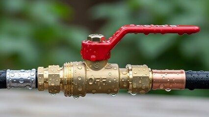 Shiny wet faucet with red handle isolated on green blurry background
