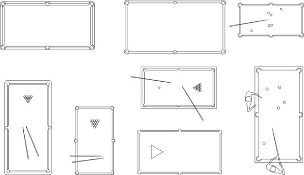 Technical architectural vector collection of billiard and pool table layouts from a top view, including cues and players.