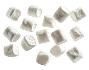 Fluffy, white confections, pillowy and soft, scattered against a stark, black backdrop