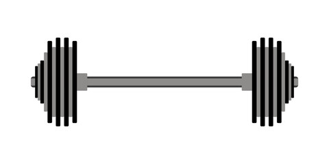 Barbell with heavy weight plates on both sides in flat vector style, isolated on white background