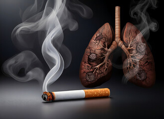 煙の出ているタバコと肺　肺がんのイメージ
