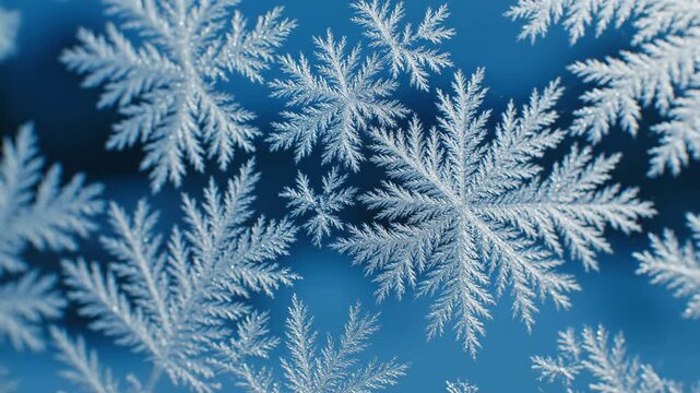 Intricate Frost Patterns Forming Delicate Ice Crystals on a Deep Blue Background in Soft Natural Light