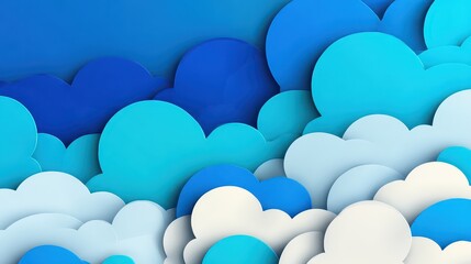 Illustration of Stylized Layered Clouds in Shades of Blue White and Teal Creating a Three Dimensional Effect on a Blue Gradient Background