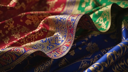 Luxurious textured fabrics with ornate golden patterns in rich jewel tones, showcasing intricate traditional textile design and elegant drapery