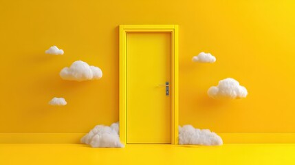 Yellow Door With Fluffy Clouds On Vivid Yellow Background