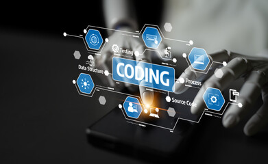 A close-up view of hands interacting with a smartphone focused on coding, presenting various software development concepts and tools used in technology today. Tessel