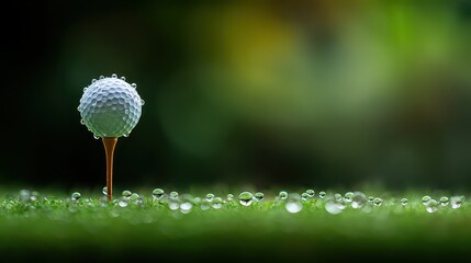 Golf Ball on Tee Covered in Dew Drops on Green Grass in Soft Focus Green Background