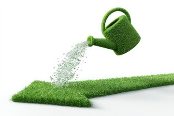 Green Watering Can Pouring Flowing Green Arrow on White Background