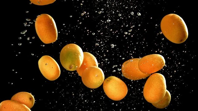 Super slow motion fresh kumquat . Filmed on a high-speed camera at 1000 fps. High quality FullHD footage