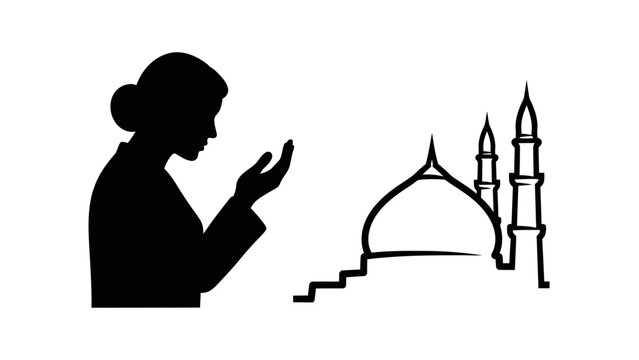 Woman in prayer beside mosque silhouette.