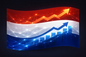 Abstract economic growth and data analytics concept with rising arrows and bar chart over red white and blue wave background symbolizing performance progress finance and positive trend