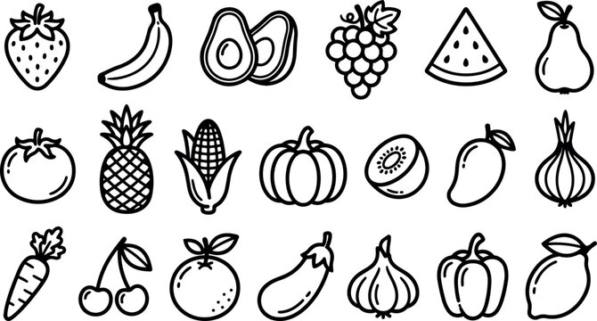 Line art icon set of twenty fruit and vegetable outlines in neat grid close up vector icons for healthy food designs