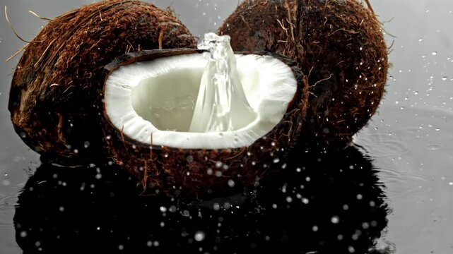 Super slow motion fresh topical coconuts . Filmed on a high-speed camera at 1000 fps. High quality FullHD footage