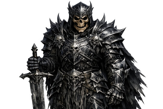 Undead warrior king wearing dark skull armor and holding a menacing sword, symbolizing death and power fantasy concept