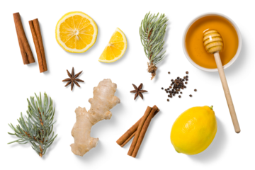 Set of fresh ginger root, lemon slices, honey bowl with dipper, cinnamon, anise, black peppercorns and pine branches isolated on white background. High quality PNG for food packaging and design.