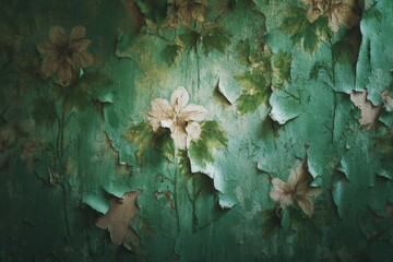 Vintage floral wallpaper with peeling paint reveals intricate flower patterns on a distressed green background, showcasing the beauty of decay and nostalgia in interior design