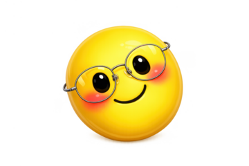 Cute 3d yellow emoji wearing round glasses and slightly blushing, showing a happy and friendly expression. Transparent background