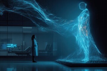 Female scientist in a lab coat observes a holographic figure, showcasing advanced technology and innovation in a futuristic medical environment with a sense of wonder and discovery
