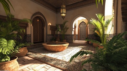 Fototapeta premium Serene Moroccan Courtyard: A Digital Oasis of Tranquility