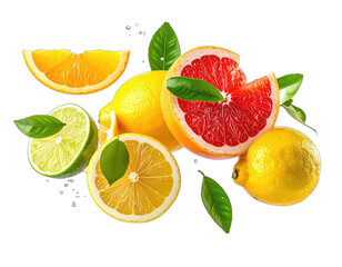 Assortment of sliced citrus fruits like lemons, oranges, and grapefruits with leaves on a dark backdrop