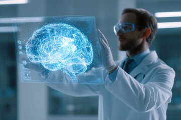 Male scientist in a lab coat examines a holographic brain model, showcasing advanced technology and innovation in neuroscience research and medical advancements