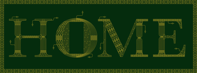 Home Art Deco Nouveau Gold Ornamental Lettering. Elegant Geometrical Vector Illustration. Modern Minimal Shapes. Luxury Background. Outline Frame.