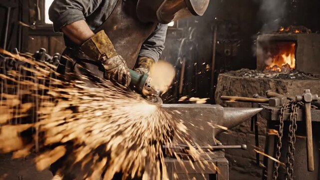 Blacksmith Grinding Metal on Anvil. (1)