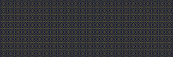 Blue Circle Artdeco Geometrical Seamless Pattern. Elegant Geometric Vector Illustration. Gold Modern Minimal Shapes. Luxury Background. Art Nouveau Outline.