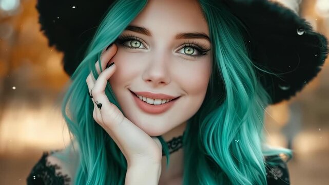 Enchanting Witch's Smile: A captivating woman with vibrant blue hair, adorned in a witch's hat, casts a spell with her radiant smile. Capturing the spirit of magic and fantasy.