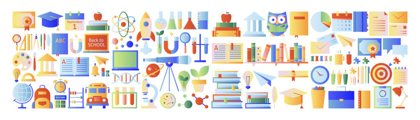 Science Back to School Gradient Object Set. Vector Illustration of University Signs. Education Symbol over White BG. Physics, Maths, Chemistry, Biology.