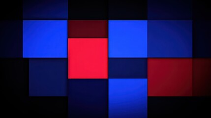 Geometric Squares of Blue Red and Dark Hues on Black Background Modern Pattern