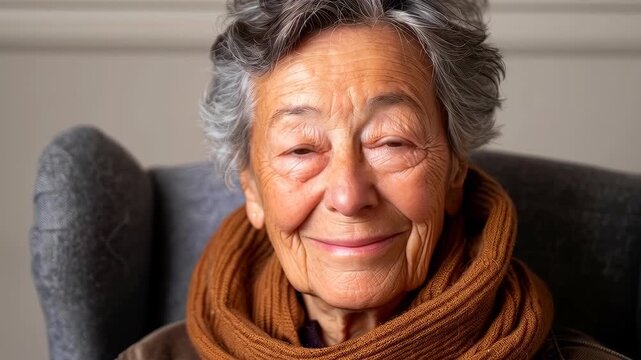 A Resilient Portrait: An elderly woman with a gentle smile exudes wisdom and a lifetime of experiences, her weathered face telling stories of resilience and grace.