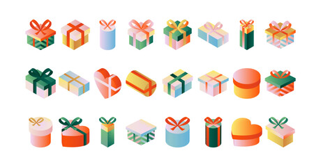 Present Gift Box Isometric Objects. Vector Illustration of Celebration Anniversary Isometry Sign Set Isolated Over White BG. Gradient Happy Birthday.