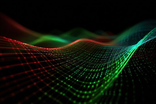 Abstract Digital Network Of Red And Green Dots Floating Against A Black Background - Powered by Adobe