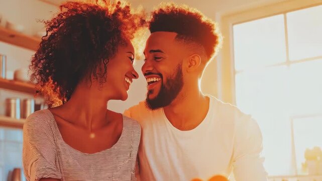 Radiant Affinity: A sun-drenched scene showcases a loving couple sharing a moment of tender intimacy, their faces alight with pure joy.