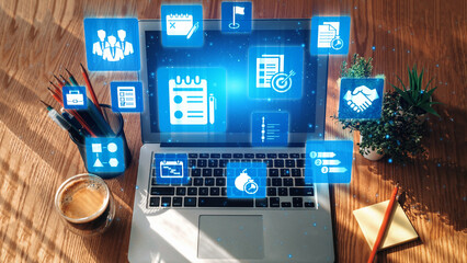 Concept of task management optimizes business efficiency. This system streamlines workflows,...