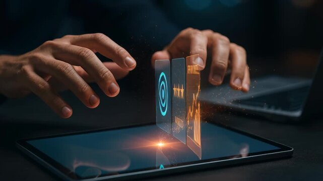 Digital Interaction: Hands interacting with a transparent digital interface hovering above a tablet, symbolizing the seamless integration of technology in modern life.